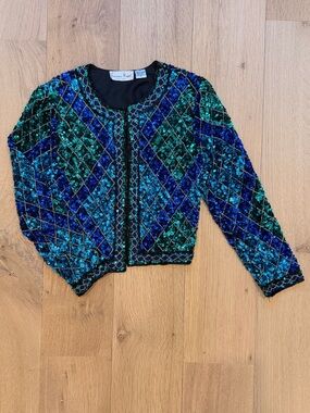 Vintage Laurence Kazar Silk Beaded Jacket Blue Green Sequin Evening Jacket PP
